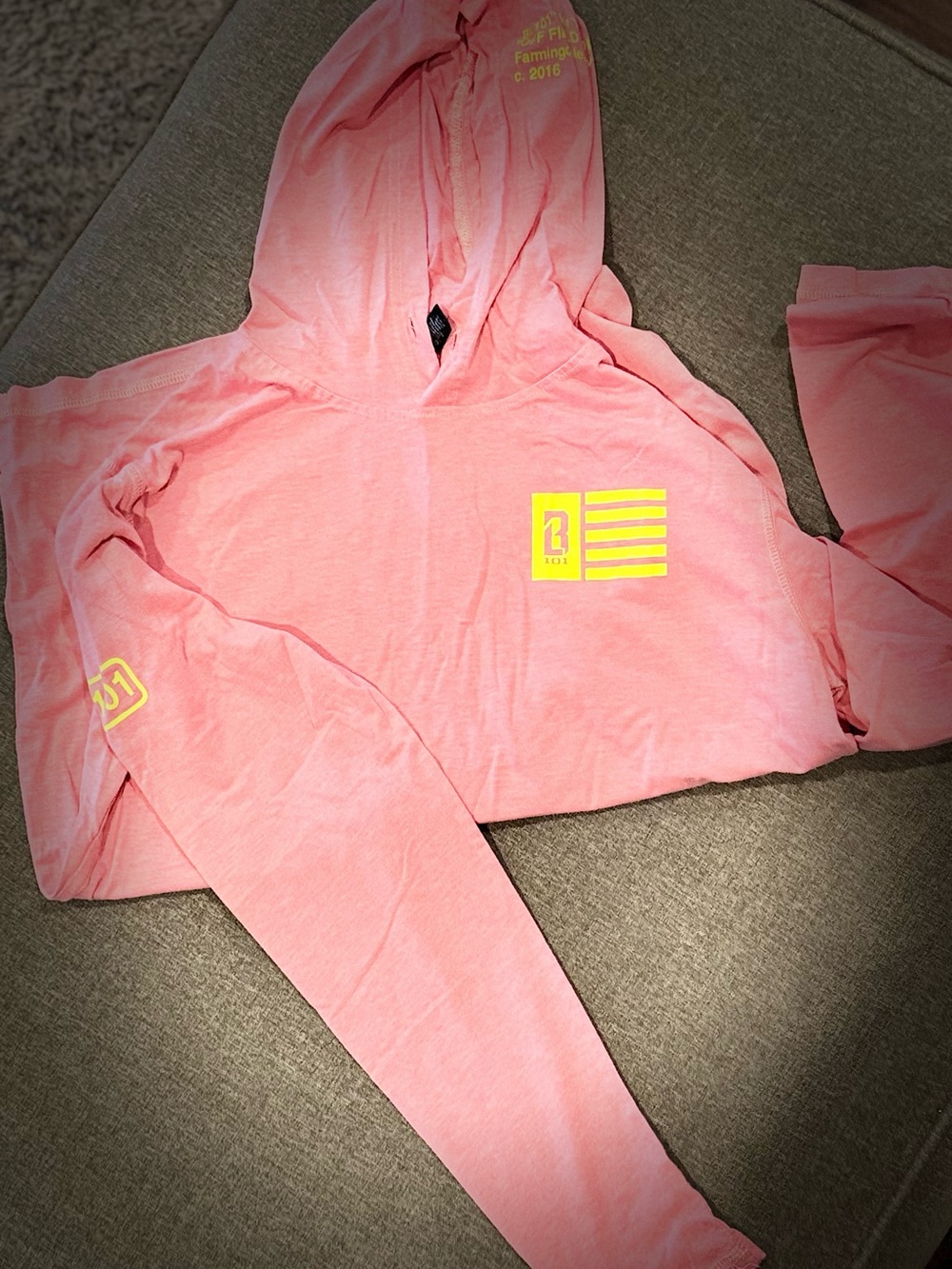 Pink Long-Sleeve Hooded Tee with Neon Graphic
